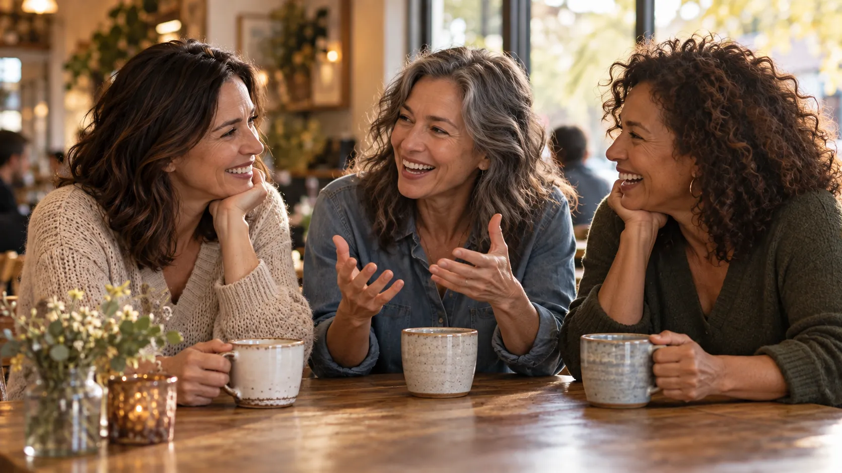 Three longtime friends share a lively conversation over coffee at a café.