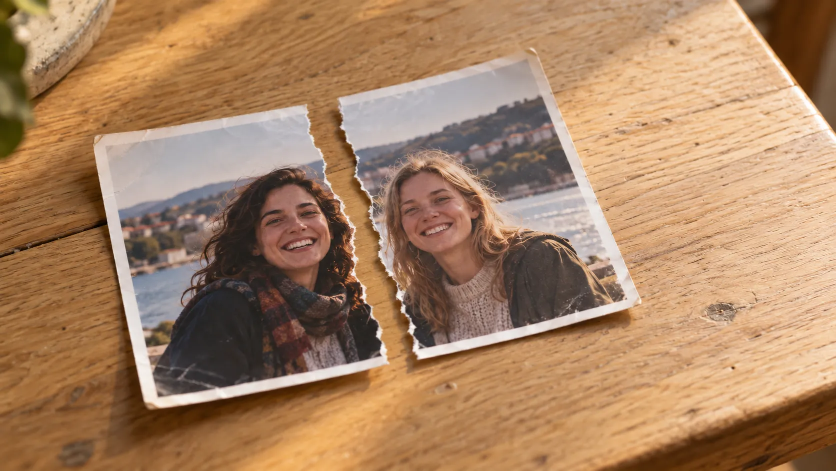 Torn photograph of two smiling friends on a light wood table, symbolizing betrayal and broken trust