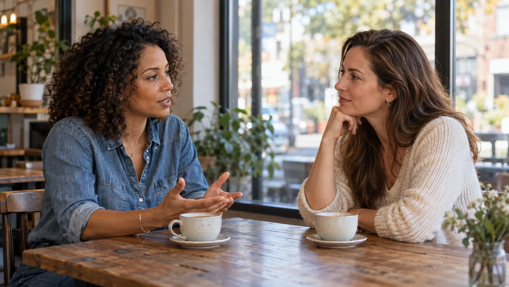 Two friends having a thoughtful conversation, with one listening attentively at a café table.