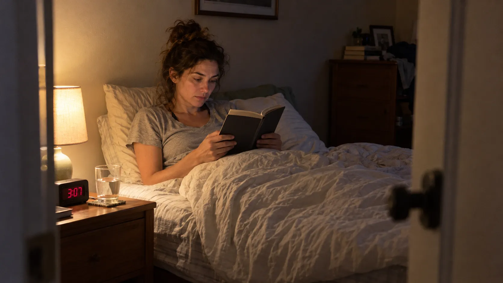 Woman reading a suspense book in bed at 3 am with a bedside lamp and glass of water beside her