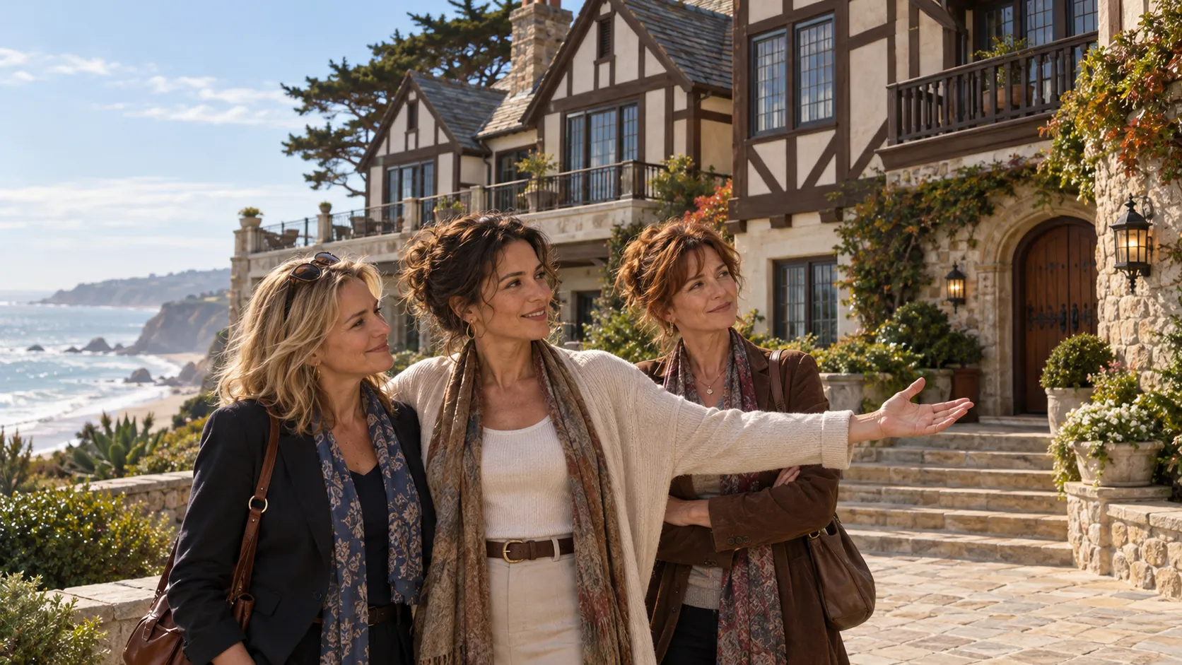 Three longtime friends outside a Tudor-style beachfront mansion, with Tasha proudly presenting her renovated home, Aphrodisia.