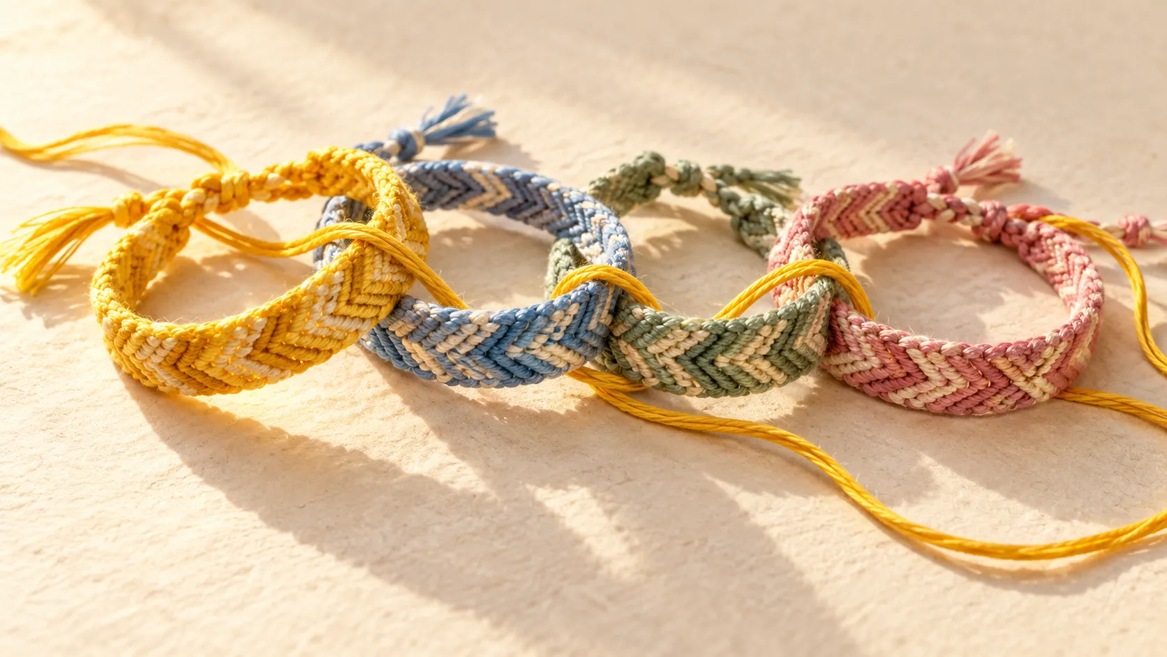 four colorful friendship bracelets connected by a golden-yellow thread, reflecting different qualities of one shared bond.